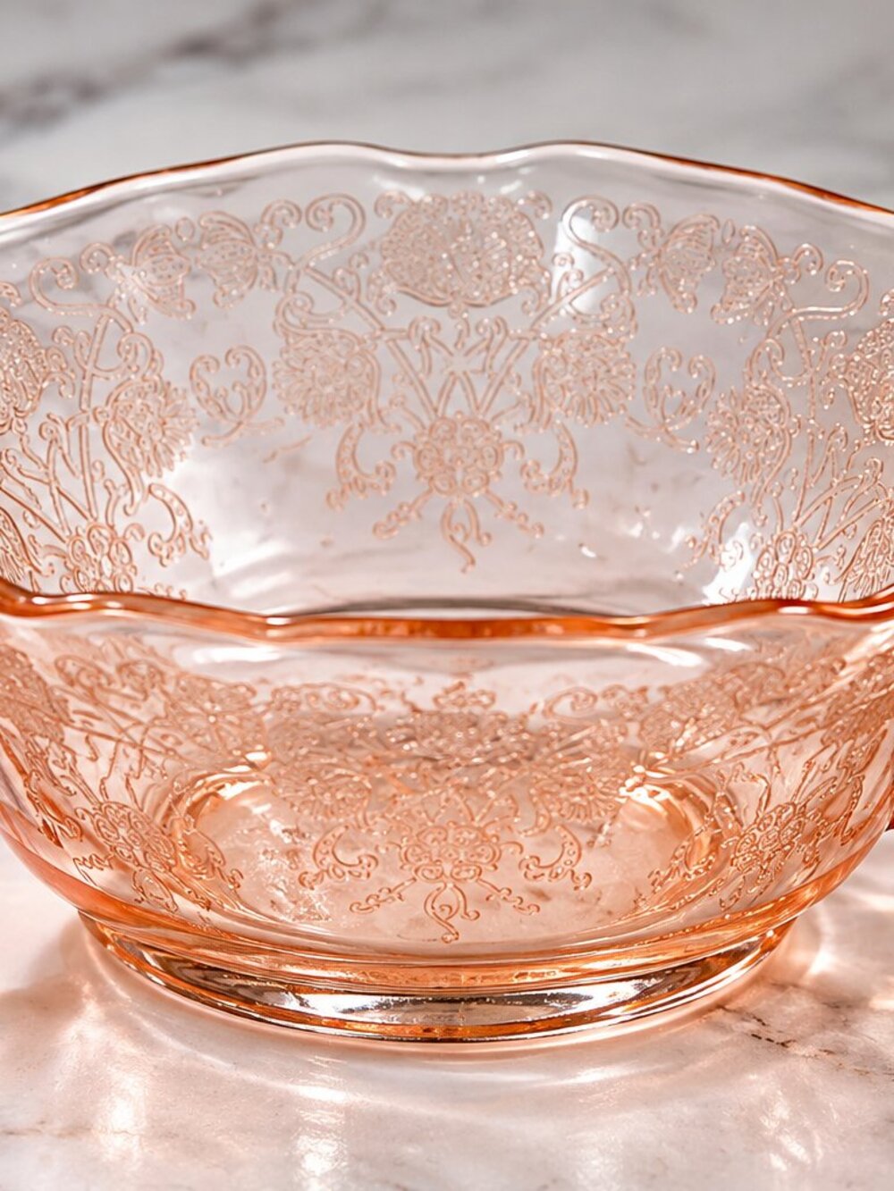SB-10--Vintage Pink Depression Glass Sugar Bowl Etched Floral 2 Handles